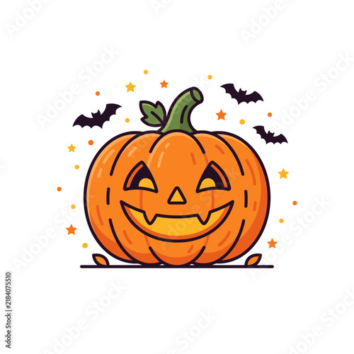 Cute Halloween Jack o Lantern Pumpkin Icon with Flying Bats and Stars Design