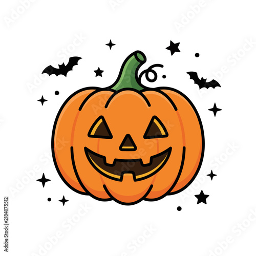 Cheerful Halloween Jack O Lantern Pumpkin Surrounded by Bats and Star Icons