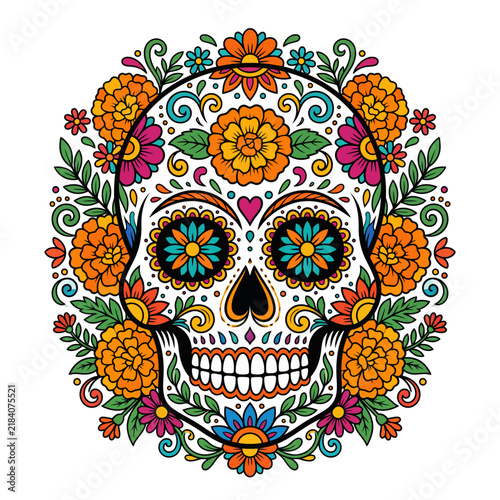 Decorative Sugar Skull Illustration with Vibrant Floral Marigold Ornamentation