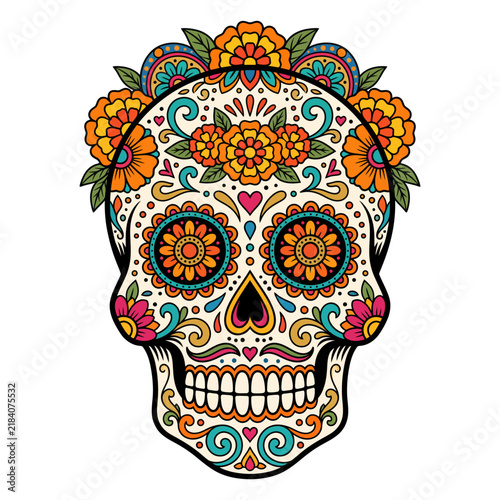 Decorative Floral Sugar Skull Illustration for Day of the Dead Celebration