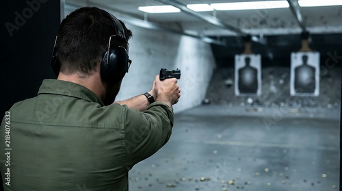 Rear view of focused man wearing ear protection earmuffs aiming handgun at silhouette paper targets on indoor shooting range practice field for sport hobby.