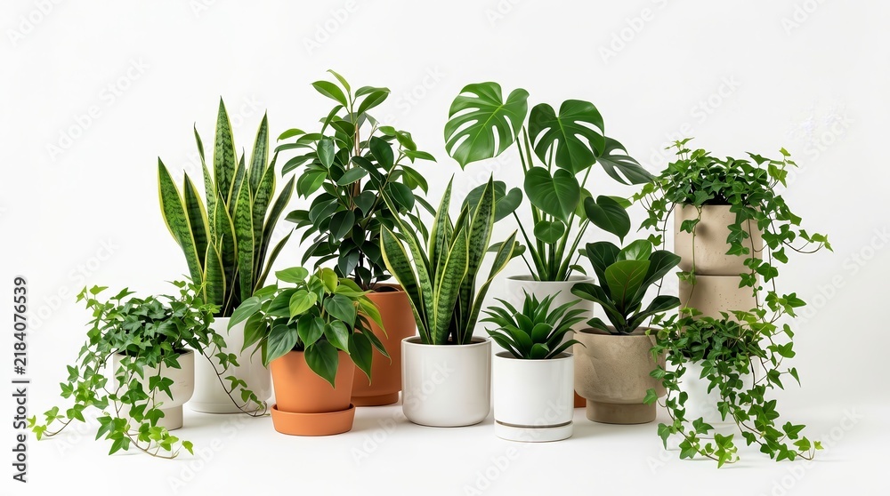 © Twilight Stock - Set of green indoor potted plants for home decoration on white background