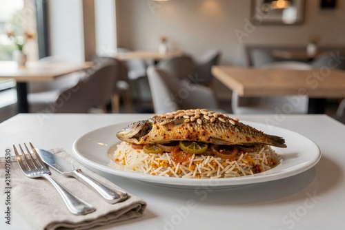 Plate of Mutabbaq Samak, grilled fish with rice, onions, vegetables in restaurant setting. concept of dining experience showcasing flavors, fish with rice onions spices.