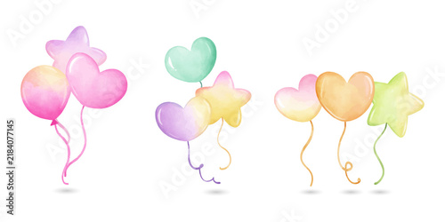 Bild auf Leinwand Pastel colored balloons in various shapes floating freely on transparent backgro
