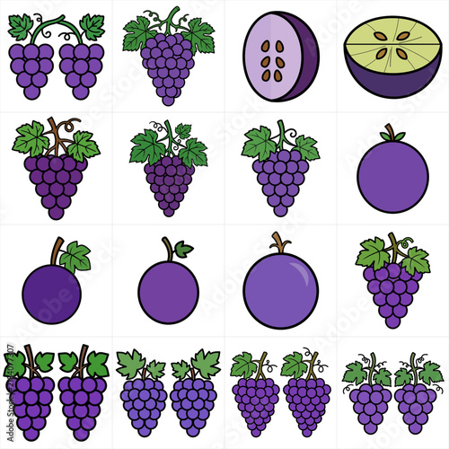 Purple Grape and Passion Fruit Vector Icon Set
