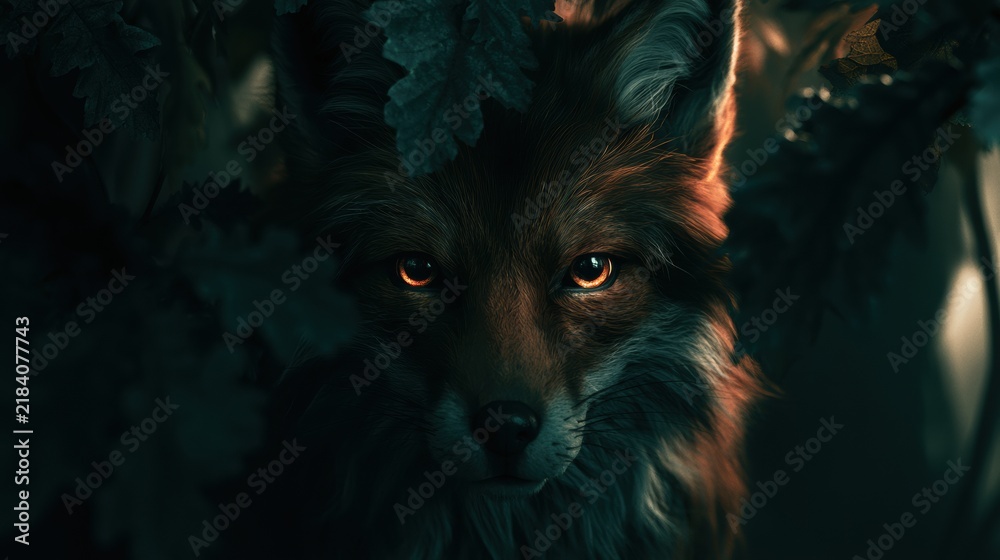 Obraz premium Fox stands in a dark forest among leaves. Bright light shines down, creating a strong contrast. The scene feels alive and intriguing.