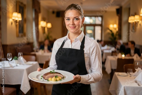 Young woman in luxurious restaurant, wearing black apron, white shirt, holding plate of Stegt Flaesk, crisp pork belly with parsley sauce. Concept of warm atmosphere, dining experience.
