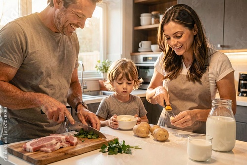 Happy family enjoying Stegt Flaesk, crisp pork belly with parsley sauce, in modern kitchen filled with natural light, vibrant atmosphere of togetherness and joy. Concept of family cooking.