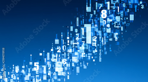 A mosaic of varying-sized numbers and symbols, pixelated, set against a solid blue backdrop — ideal for digital art, graphic design, and visualizations of mathematical concepts