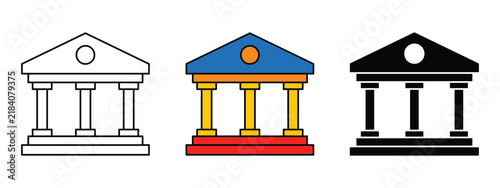 Bank building vector icons set featuring outline, flat colorful, and solid silhouette styles isolated on white background