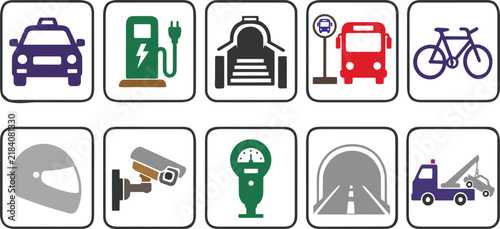 Set of ten flat depicting transportation and urban infrastructure symbols, including a taxi, electric vehicle charger, bus stop, bicycle, helmet, security camera, parking meter, tunnel, and tow truck