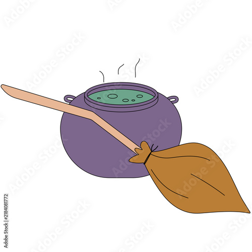 Witch Cauldron and Broomstick Illustration