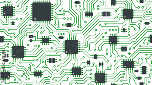 Seamless Computer Circuit Board Pattern Featuring Vivid Green Traces, Solder Points, and Microchips on Clean White Background - Electronic Technology Design for Digital and Tech Projects