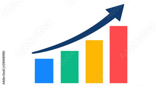 Rising bar chart with four colorful bars in blue green yellow red and upward arrow, flat geometric business growth infographic on clean white background, financial success vector illustration