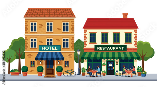 Charming European Style Hotel and Restaurant Buildings Side by Side Along a Street with Blue and Green Awnings Outdoor Dining Tables Red Checkered Tablecloths and Potted Plants