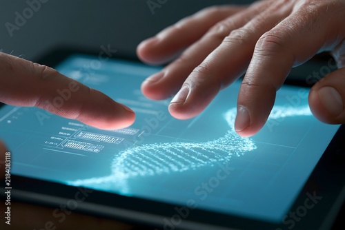 Futuristic scientific concept showing a human hand interacting with a glowing digital DNA double helix on a tablet screen. Advanced genetic sequencing and bioengineering technology.