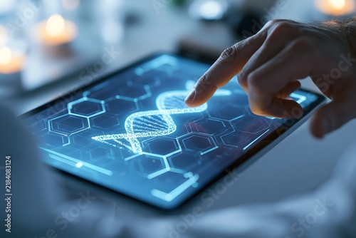 Futuristic scientific concept showing a human hand interacting with a glowing digital DNA double helix on a tablet screen. Advanced genetic sequencing and bioengineering technology.