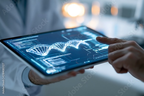 Futuristic scientific concept showing a human hand interacting with a glowing digital DNA double helix on a tablet screen. Advanced genetic sequencing and bioengineering technology.