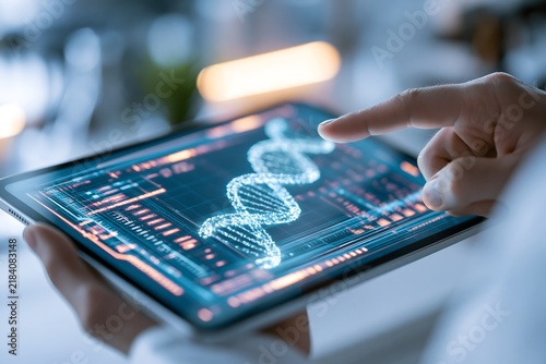 Futuristic scientific concept showing a human hand interacting with a glowing digital DNA double helix on a tablet screen. Advanced genetic sequencing and bioengineering technology.