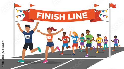 Foto Diverse marathon runners crossing finish line under red banner with celebration