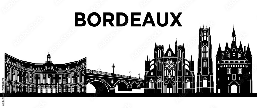 Fototapeta premium Bordeaux France Skyline Silhouette featuring Place de la Bourse and Saint-Andre Cathedral Landmarks, Black Vector Illustration on White Background