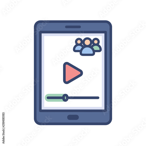 Tablet Online Video Streaming Webinar Virtual Meeting Flat Line Art Vector Illustration