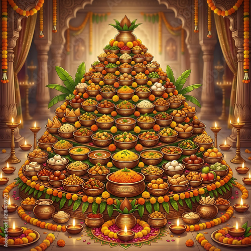 Magnificent Annakut food offering for Govardhan Puja with colorful vegetarian dishes, diyas, marigold flowers and traditional Indian decoration for festive devotional celebrations