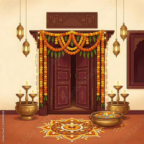 Dhanteras small business prosperity and festive shop background with glowing diyas, marigold garlands and elegant Indian decoration for local retail promotions