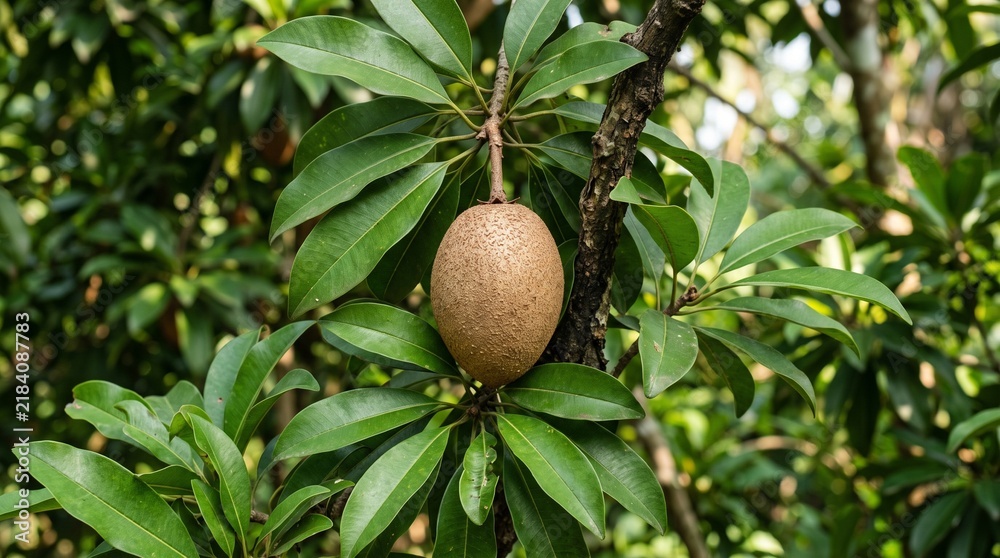Fototapeta premium Sapodilla fruit hanging from green leafy branch in sunny tropical garden displays natural texture and oval shape typical of ripe sapota for agricultural marketing.