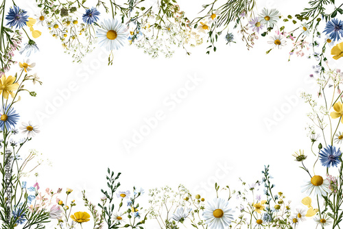 Floral frame with wildflowers and daisies isolated on transparent background