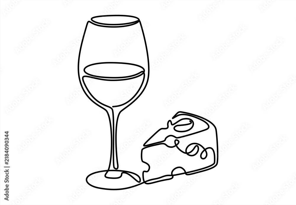 Obraz premium Continuous one line drawing of Cheese and wine one line. Vector drawing in one continuous line style.
