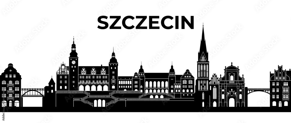 Fototapeta premium Szczecin Poland Skyline Silhouette Vector Illustration Black and White Cityscape Horizontal Panorama