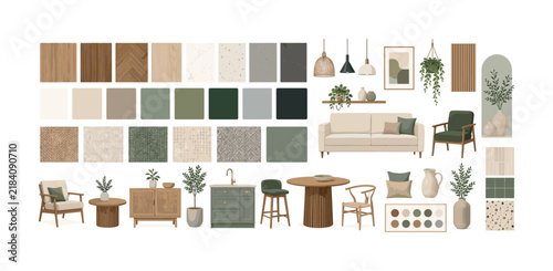 Interior design mood board with natural textures and earthy color palette