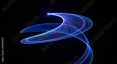 Abstract neon linear data stream spiraling on black background