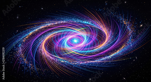 Futuristic neon linear data vortex resembling a digital galaxy