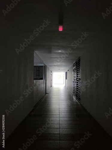 A dark corridor with barred doors and a bright light at the end