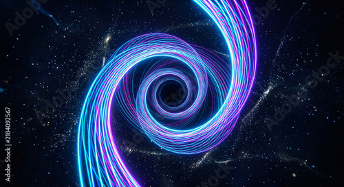 Cosmic neon linear data stream traveling through a deep space starry background
