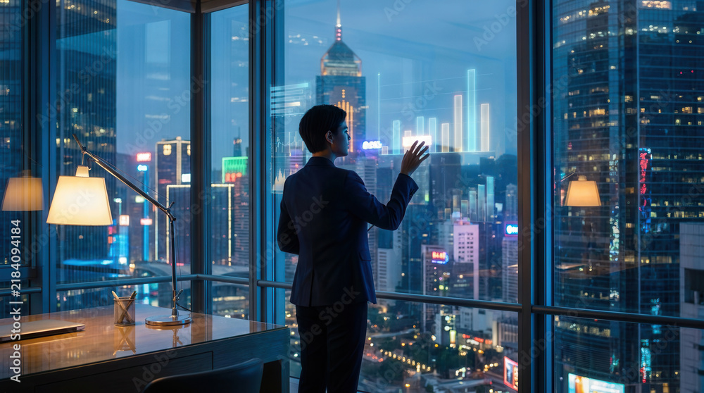 Fototapeta premium Businesswoman in a dark suit working with holographic analytics, charts, and digital interfaces in a modern high-rise office overlooking an illuminated city skyline at night.