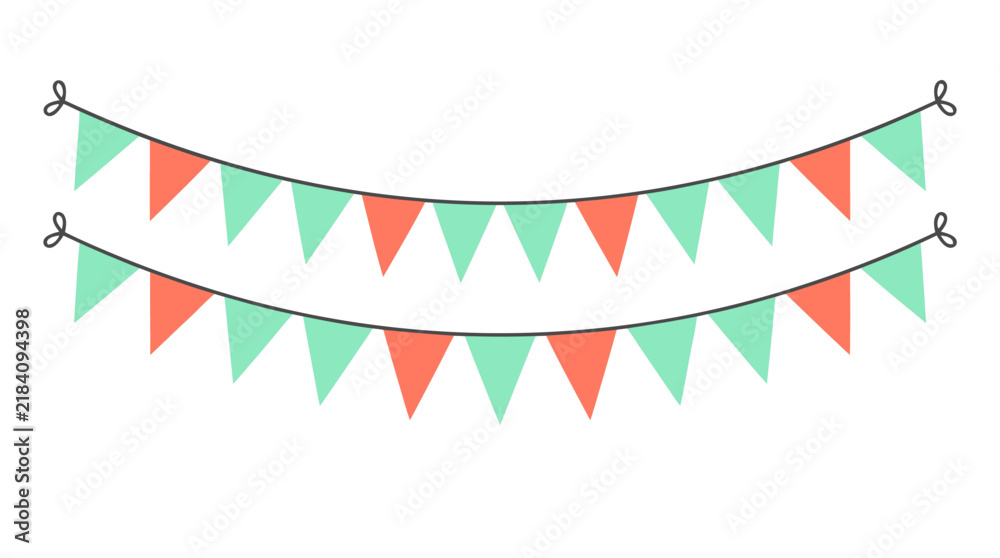 Fototapeta premium Triangular Bunting Banner String with Party Decoration Pennants in Coral and Mint Green Colors Bold Flat Vector Illustration on Clean Solid White Background Festive Celebration Decorative Graphic