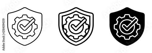 Shield Gear Checkmark Icons, Security System, Quality Control, Technical Approval Vector Set
