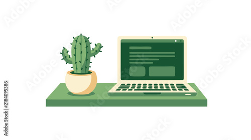 Flat vector illustration small potted cactus on windowsill beside open laptop, minimalist green cream workspace desk design, modern home office plant decor, clean white background