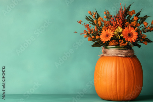Autumn flowers bouquet inside a carved orange pumpkin vase on a teal background with copyspace.