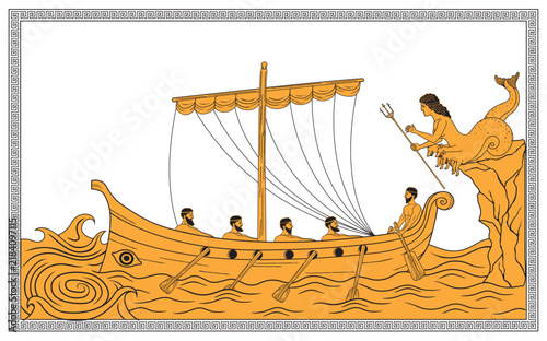 Vector illustration of Odysseus sailing between Scylla & Charybdis