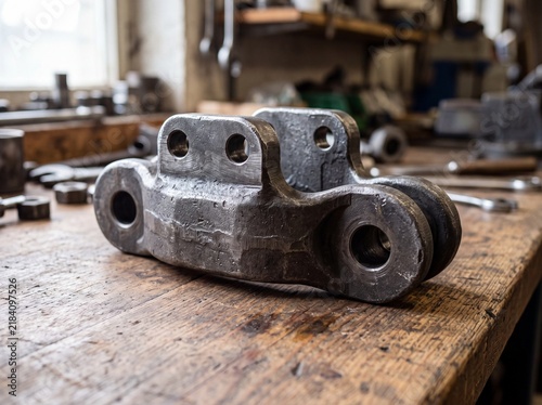 Industrial Chain Link Resting on Workshop Wooden Table Surface