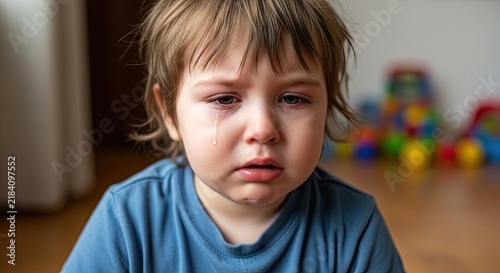 A young child crying with toys in the background.