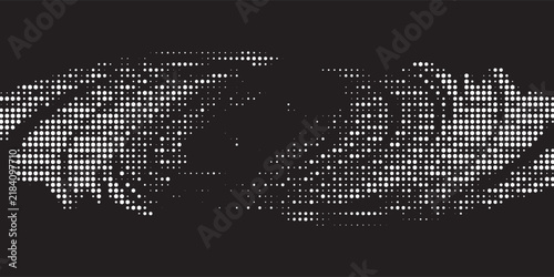 Abstract black and white halftone dot pattern on dark background. Cyber tech digital wave texture design element.