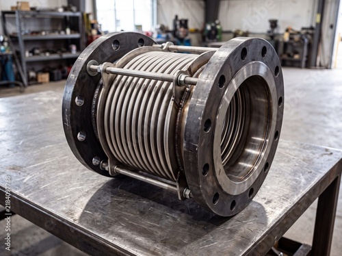 Industrial Pipe Expansion Bellow Flanged Coupling on Wooden Table