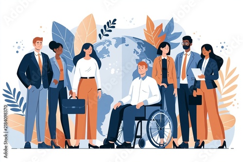 Diverse group of business professionals standing together in front of a globe illustration
