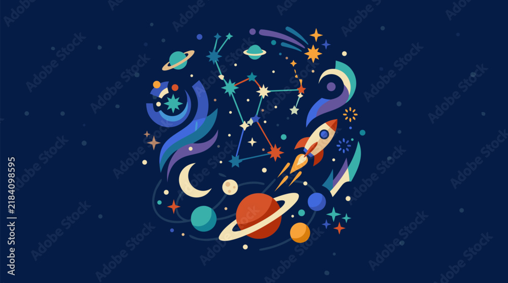 Fototapeta premium Vibrant Whimsical Space Illustration Vector Art Featuring Colorful Planets with Rings Rocket Ship Stars Constellations Moon and Galaxy Swirls on Dark Navy Background - detailed commercial stock