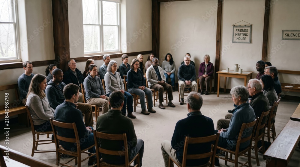 Obraz premium Diverse group of people sitting in circle of chairs during silent Quaker meeting at Friends meeting house. Community gathering, meditation and worship. Group therapy and support group concept.